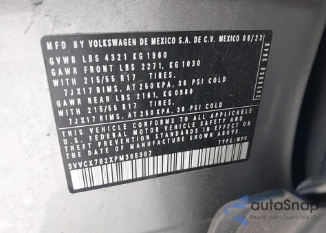 2023 Volkswagen Taos 1.5T S из США, поврежденный, VIN 3VVCX7B2XPM365987